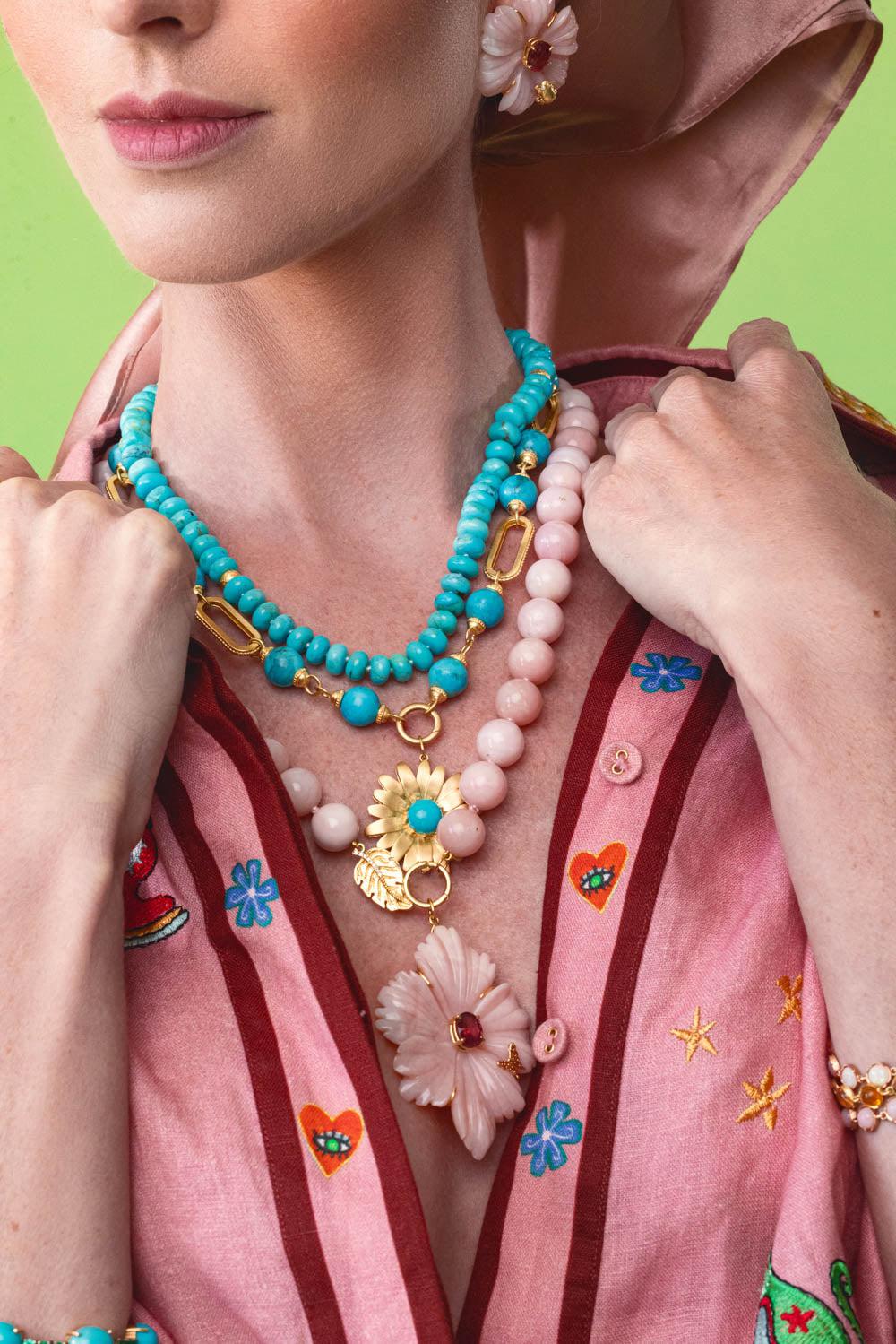 TANYA FARAH-Modern Etruscan Kingman Turquoise Gold Cap Necklace-YELLOW GOLD