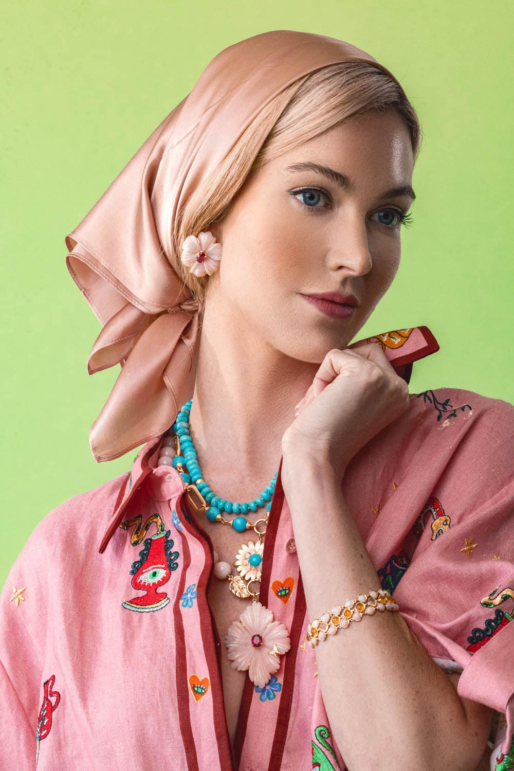 TANYA FARAH-Modern Etruscan Kingman Turquoise Gold Cap Necklace-YELLOW GOLD