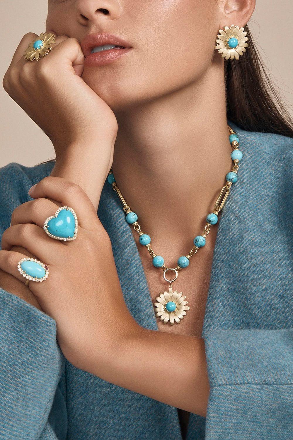 TANYA FARAH-Modern Etruscan Kingman Turquoise Gold Cap Necklace-YELLOW GOLD