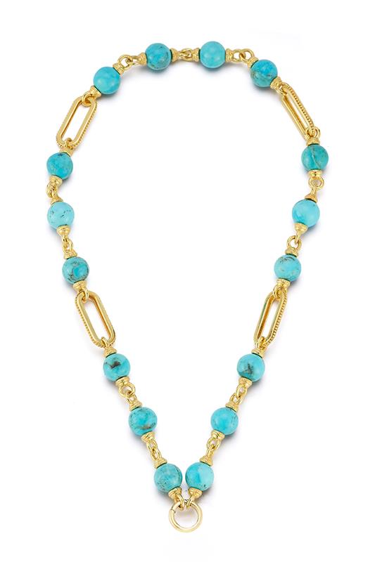 TANYA FARAH-Modern Etruscan Kingman Turquoise Gold Cap Necklace-YELLOW GOLD