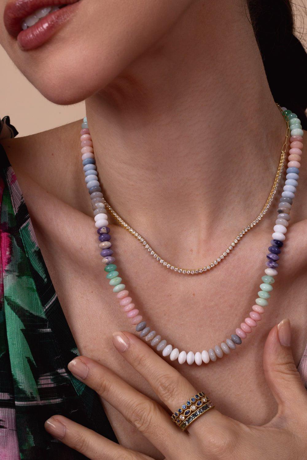 TANYA FARAH-Modern Etruscan Rainbow Opal Beaded Necklace-YELLOW GOLD