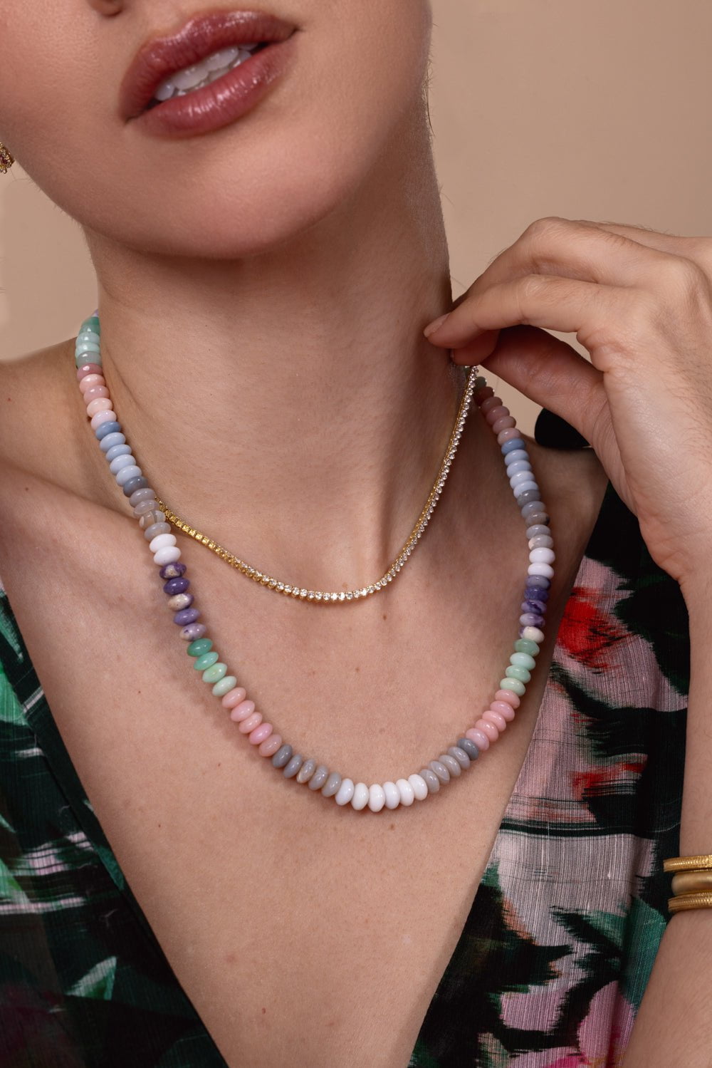 TANYA FARAH-Modern Etruscan Rainbow Opal Beaded Necklace-YELLOW GOLD