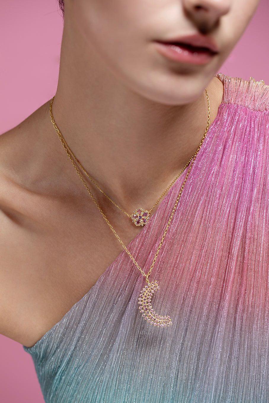TANYA FARAH-Moonburst Pink Sapphire Crescent Necklace-YELLOW GOLD