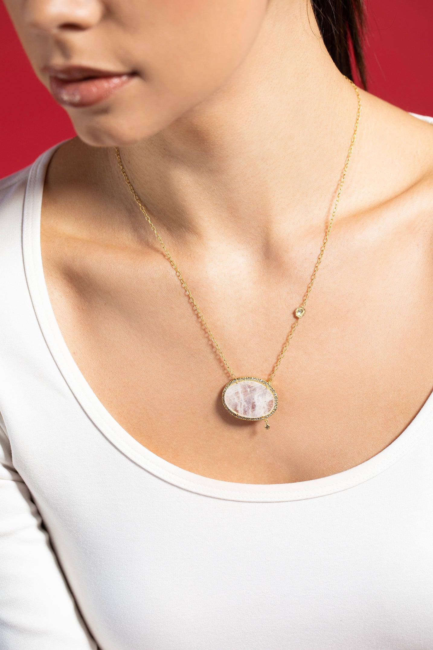TANYA FARAH-Moonstone Diamond Pendant Necklace-YELLOW GOLD