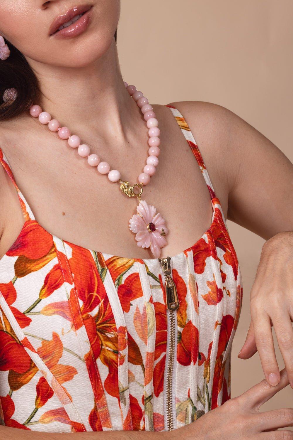 TANYA FARAH-Opal Beaded Flower Pendant Necklace-YELLOW GOLD