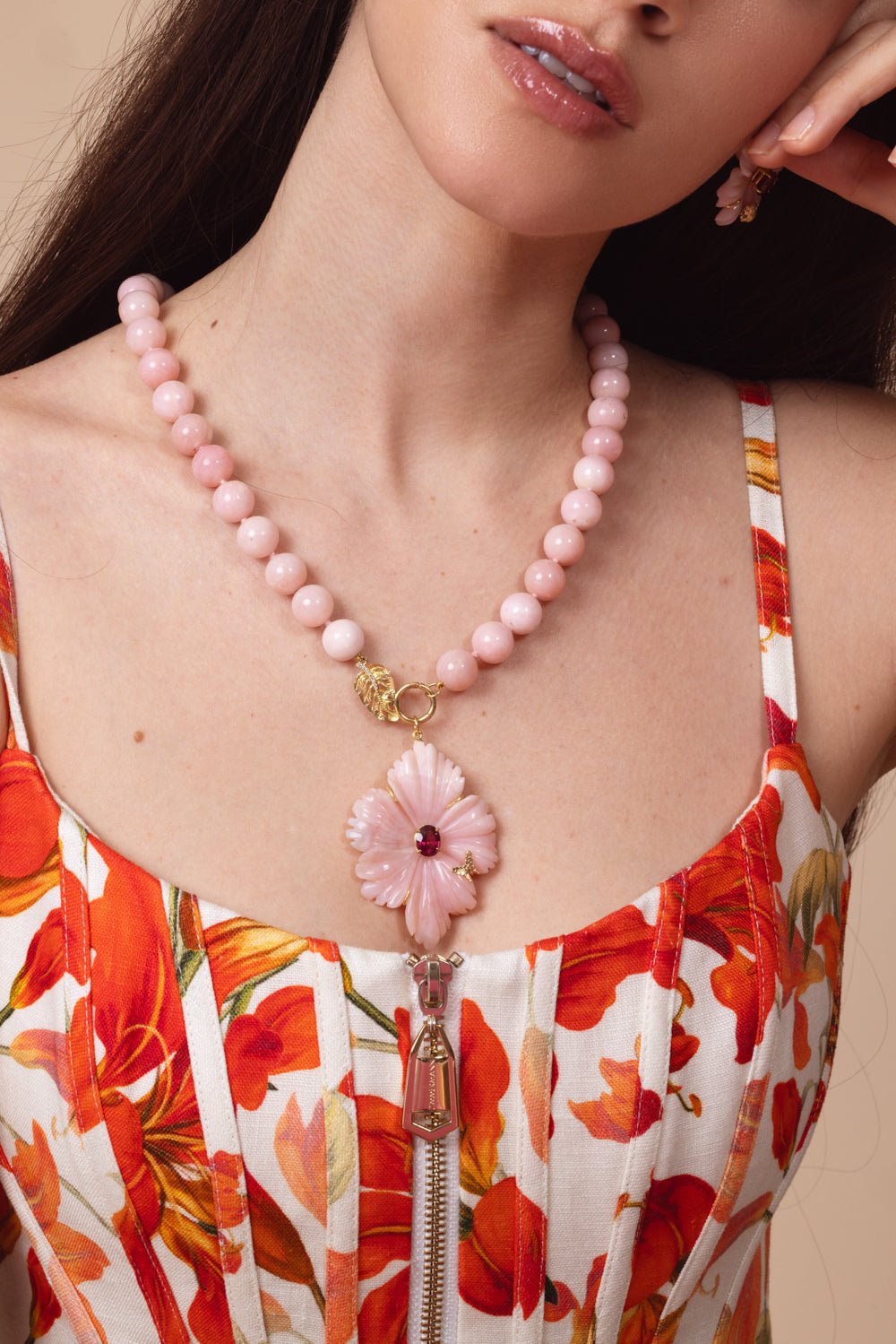 TANYA FARAH-Opal Beaded Flower Pendant Necklace-YELLOW GOLD