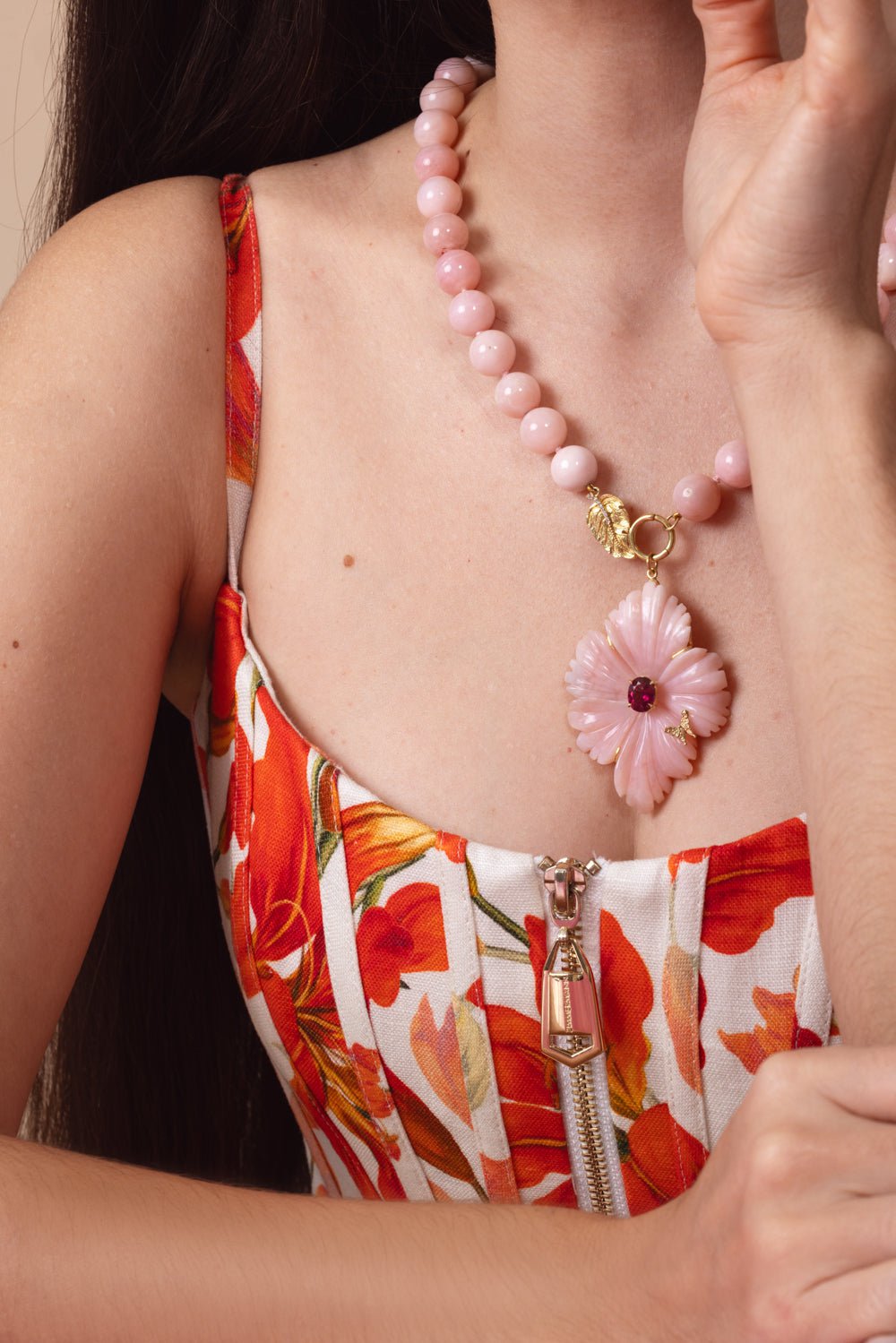 TANYA FARAH-Opal Beaded Flower Pendant Necklace-YELLOW GOLD