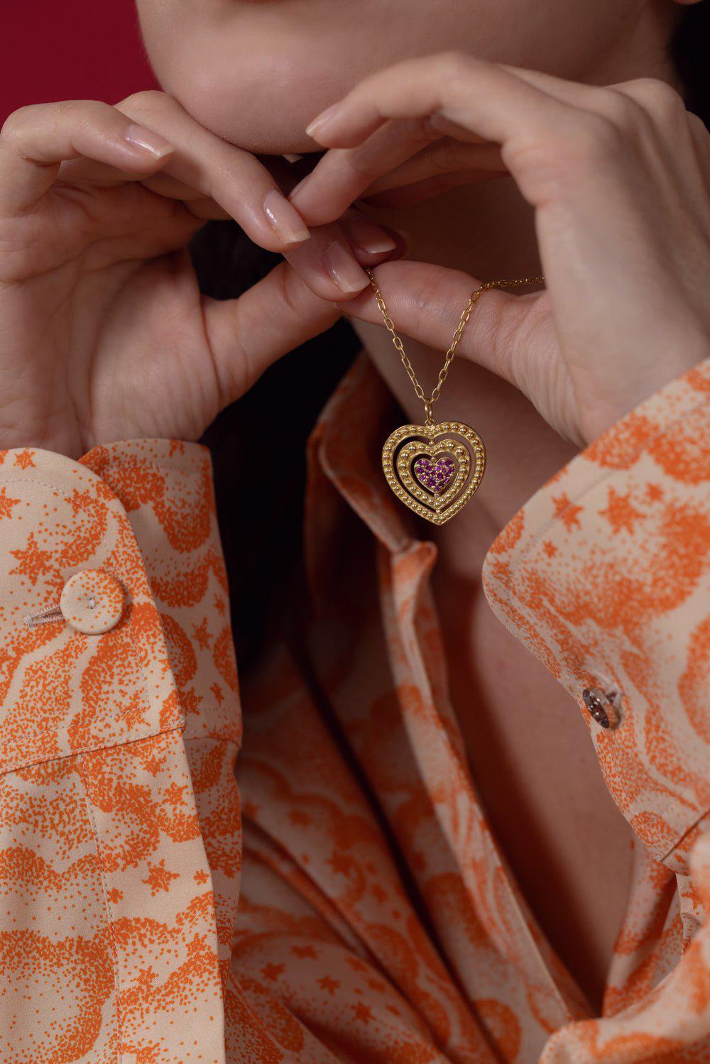 TANYA FARAH-Pink Sapphire Triple Moveable Heart Necklace-YELLOW GOLD