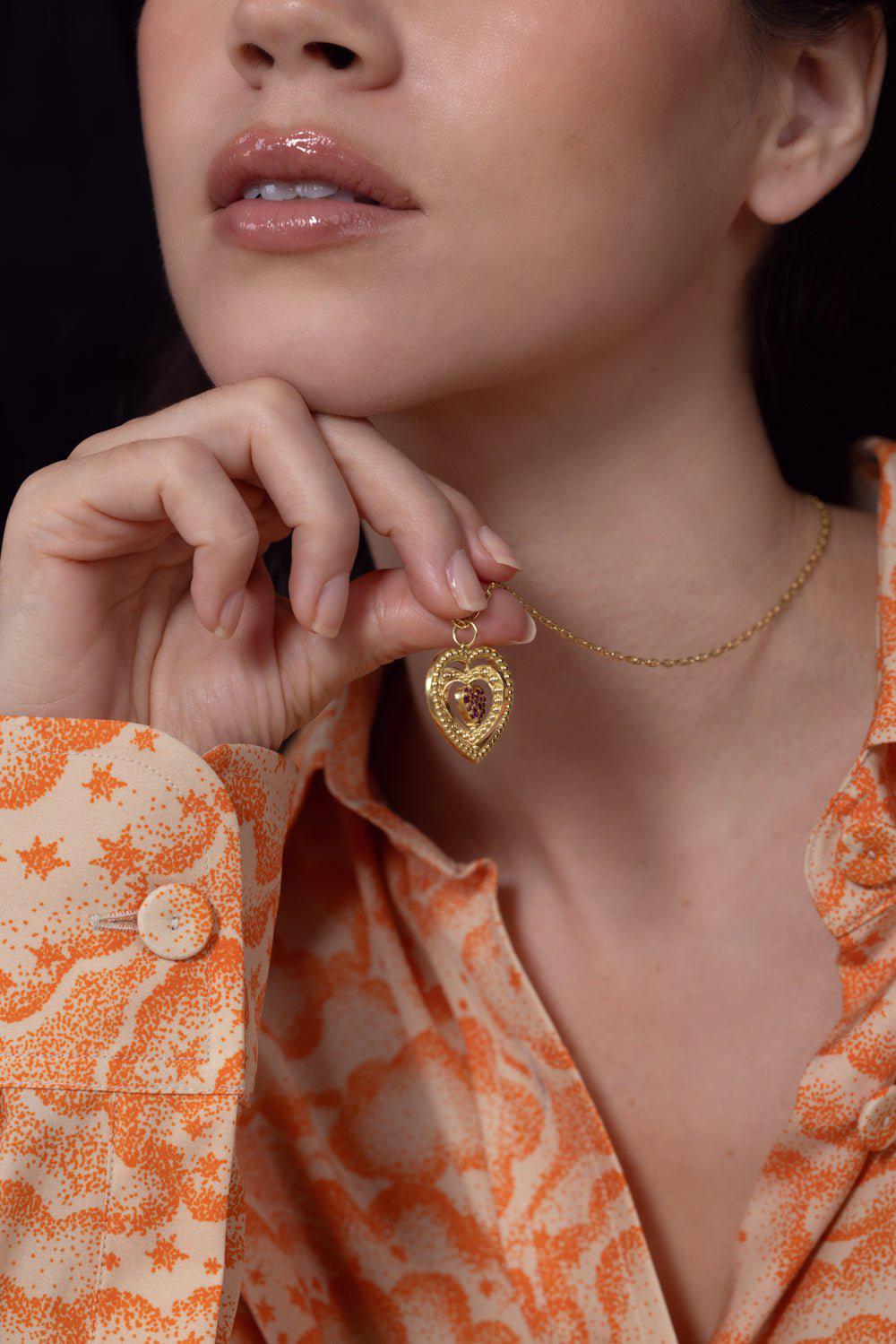 TANYA FARAH-Pink Sapphire Triple Moveable Heart Necklace-YELLOW GOLD