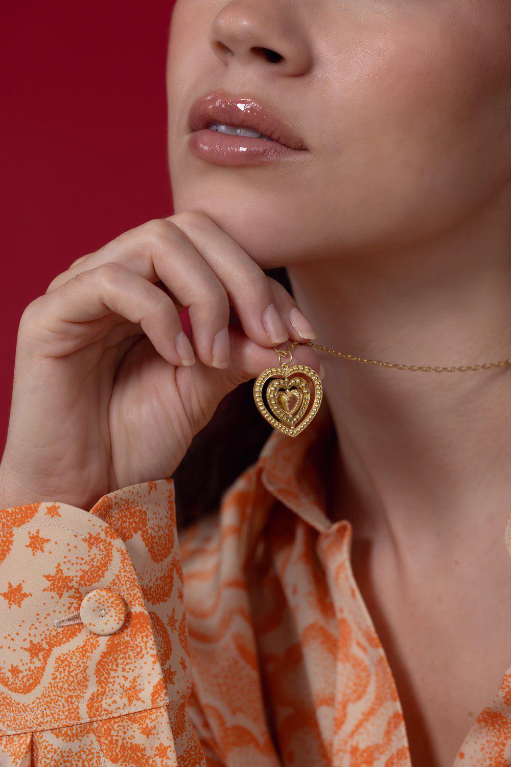 TANYA FARAH-Pink Sapphire Triple Moveable Heart Necklace-YELLOW GOLD