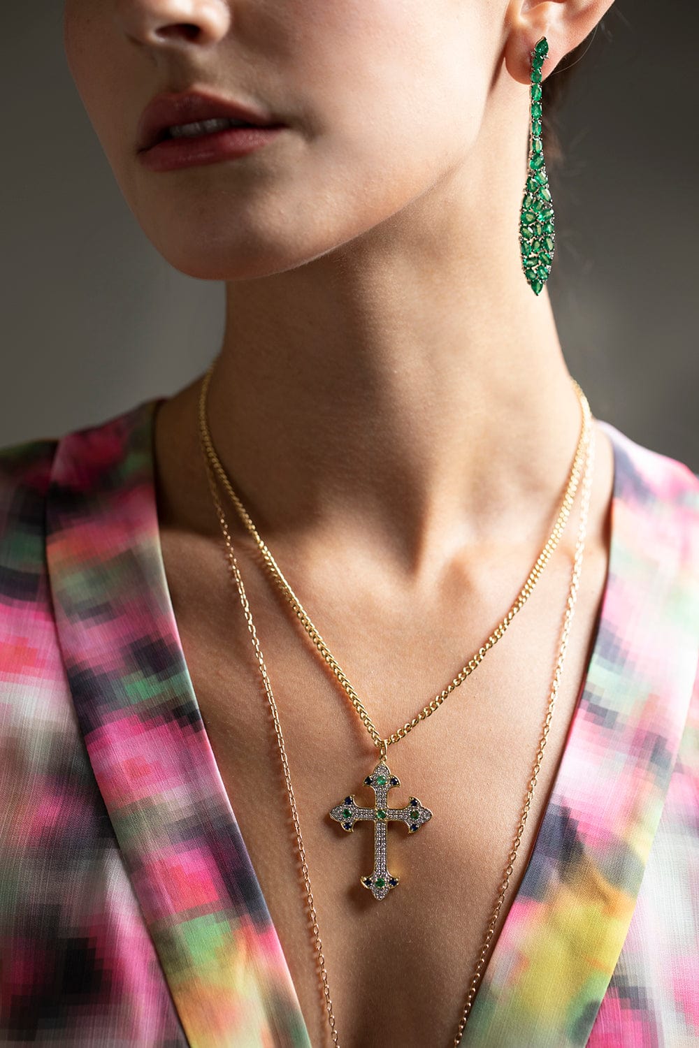 TANYA FARAH-Scroll Cross Pendant Necklace-YELLOW GOLD