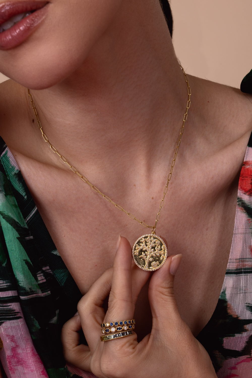 TANYA FARAH-Tree of Life Diamond Disc Necklace-YELLOW GOLD