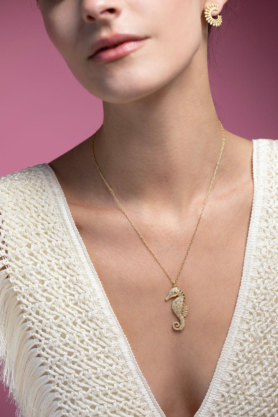 TANYA FARAH-White Diamond Seahorse Necklace-YELLOW GOLD