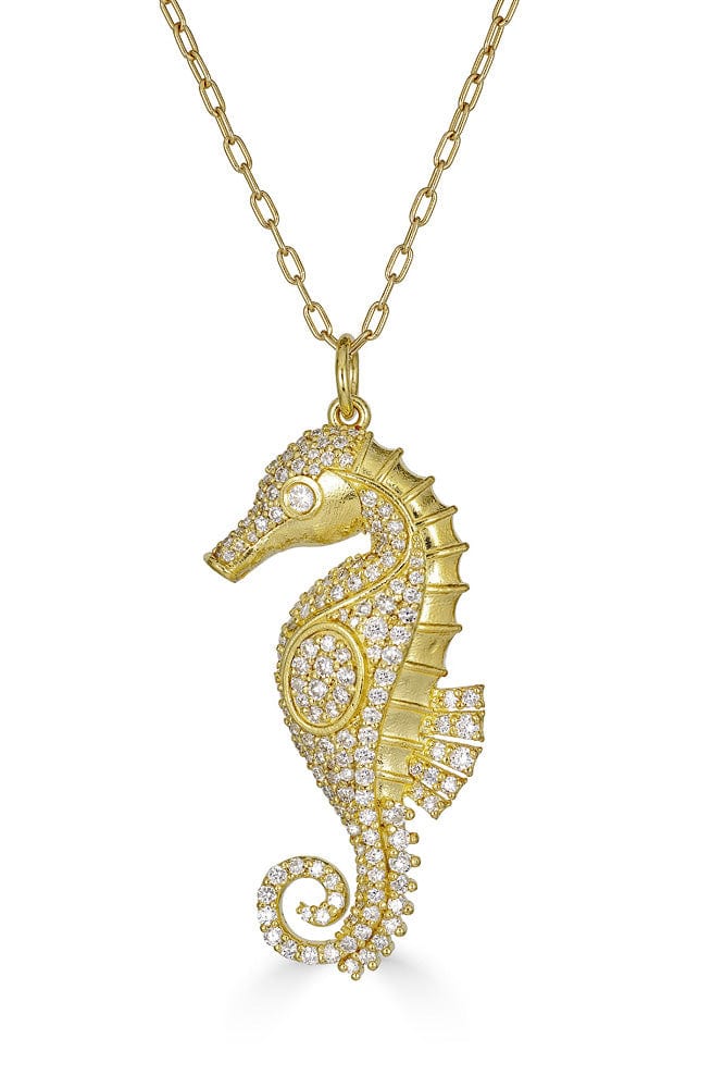 TANYA FARAH-White Diamond Seahorse Necklace-YELLOW GOLD