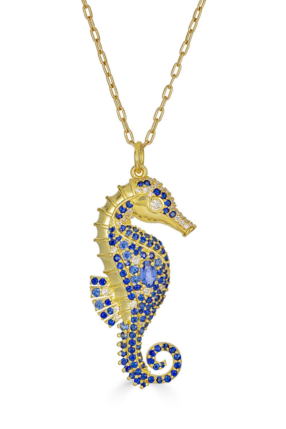 TANYA FARAH-Sapphire Seahorse Pendant Necklace-YELLOW GOLD