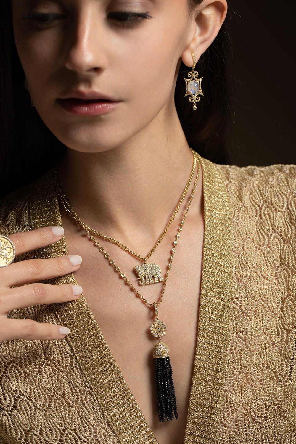 TANYA FARAH-Jasmine Black Diamond Tassel Necklace-YELLOW GOLD