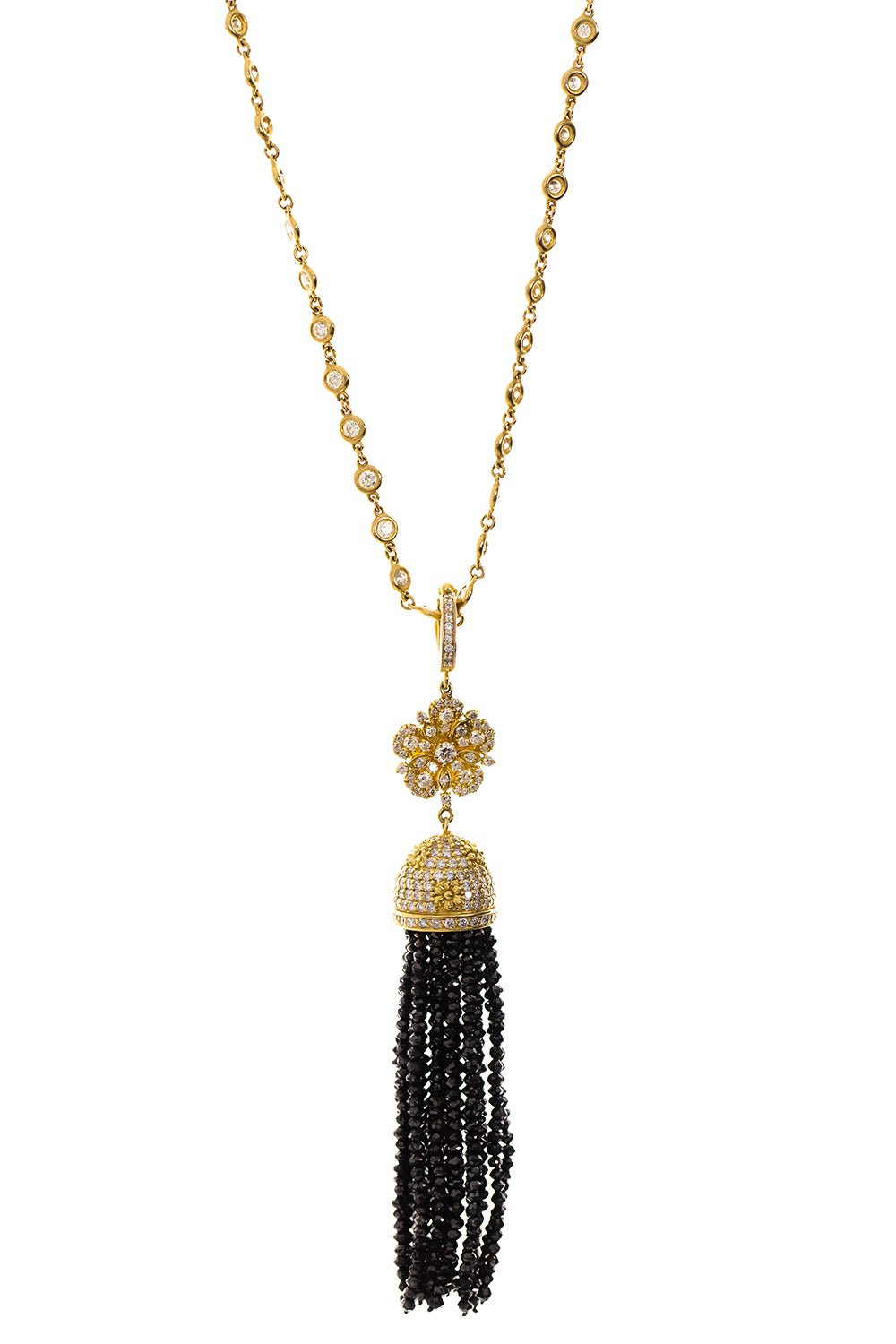 TANYA FARAH-Jasmine Black Diamond Tassel Necklace-YELLOW GOLD
