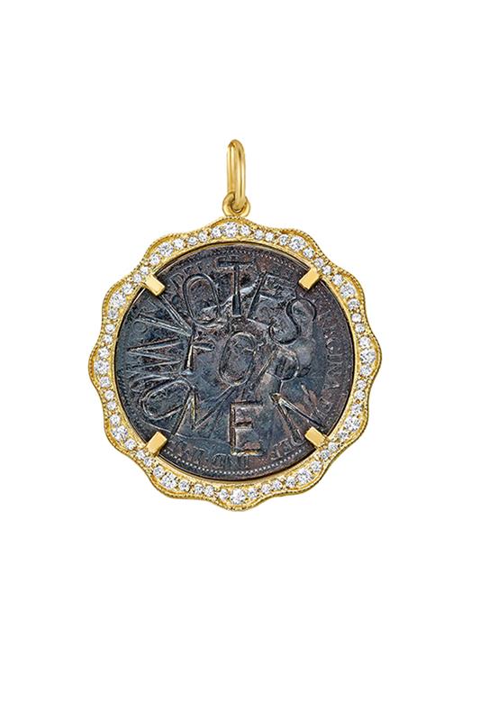 TANYA FARAH-Modern Etruscan Suffragette Coin Diamond Charm-YELLOW GOLD