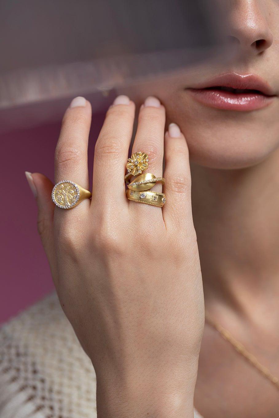 TANYA FARAH-Jasmine Bloom Tala Diamond Flower & Leaf Wrap Ring-YELLOW GOLD