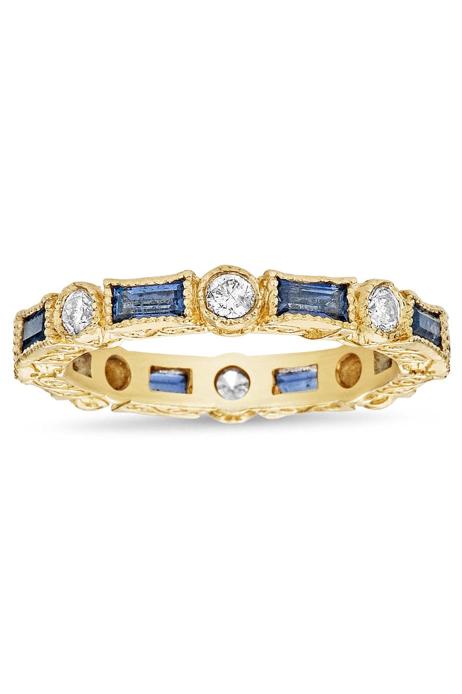TANYA FARAH-Modern Etruscan Blue Sapphire Baguette & Champagne Diamond Stack Ring-YELLOW GOLD