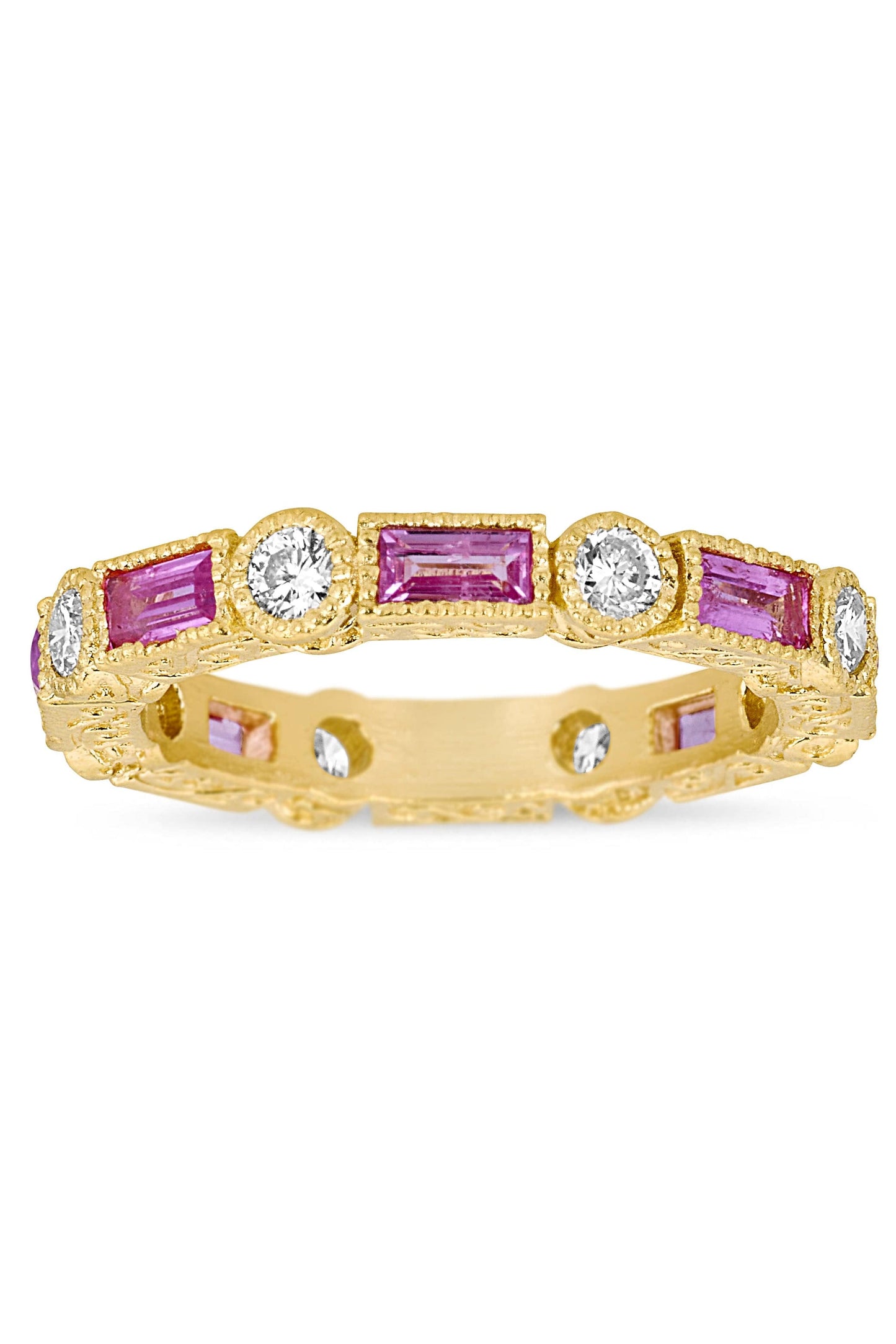 TANYA FARAH-Modern Etruscan Pink Sapphire Baguette & Diamond Stack Ring-YELLOW GOLD