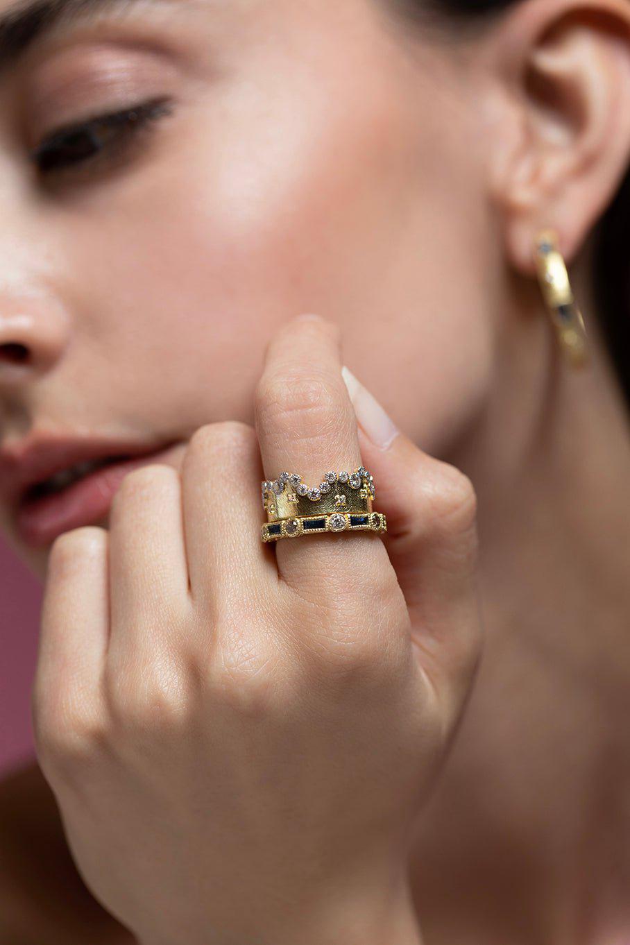 TANYA FARAH-Bezel Diamond Crown Ring-YELLOW GOLD