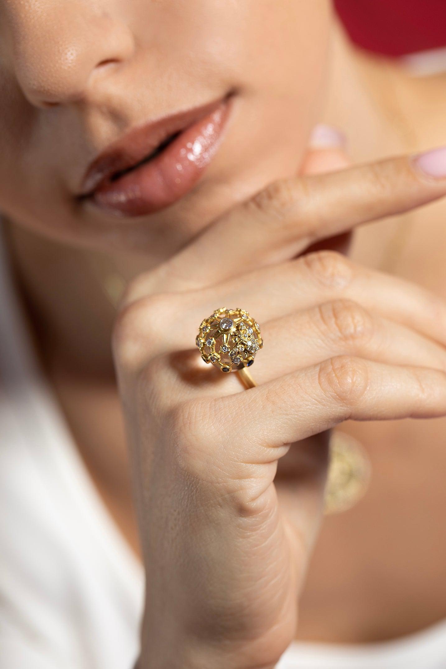 TANYA FARAH-Sapphire White Quartz Flower Bee Ring-YELLOW GOLD