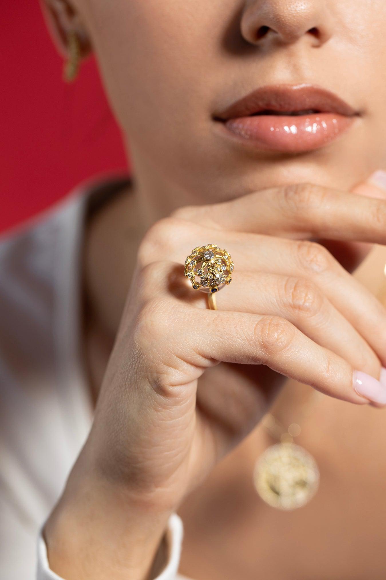 TANYA FARAH-Sapphire White Quartz Flower Bee Ring-YELLOW GOLD