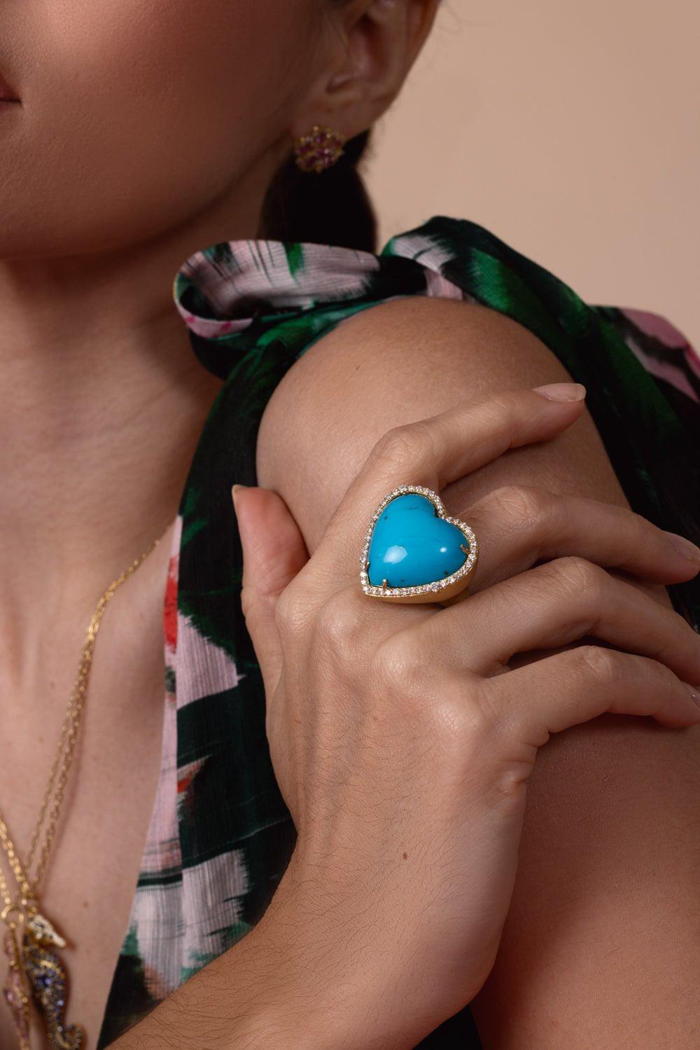 TANYA FARAH-Turquoise Heart Diamond Ring-YELLOW GOLD