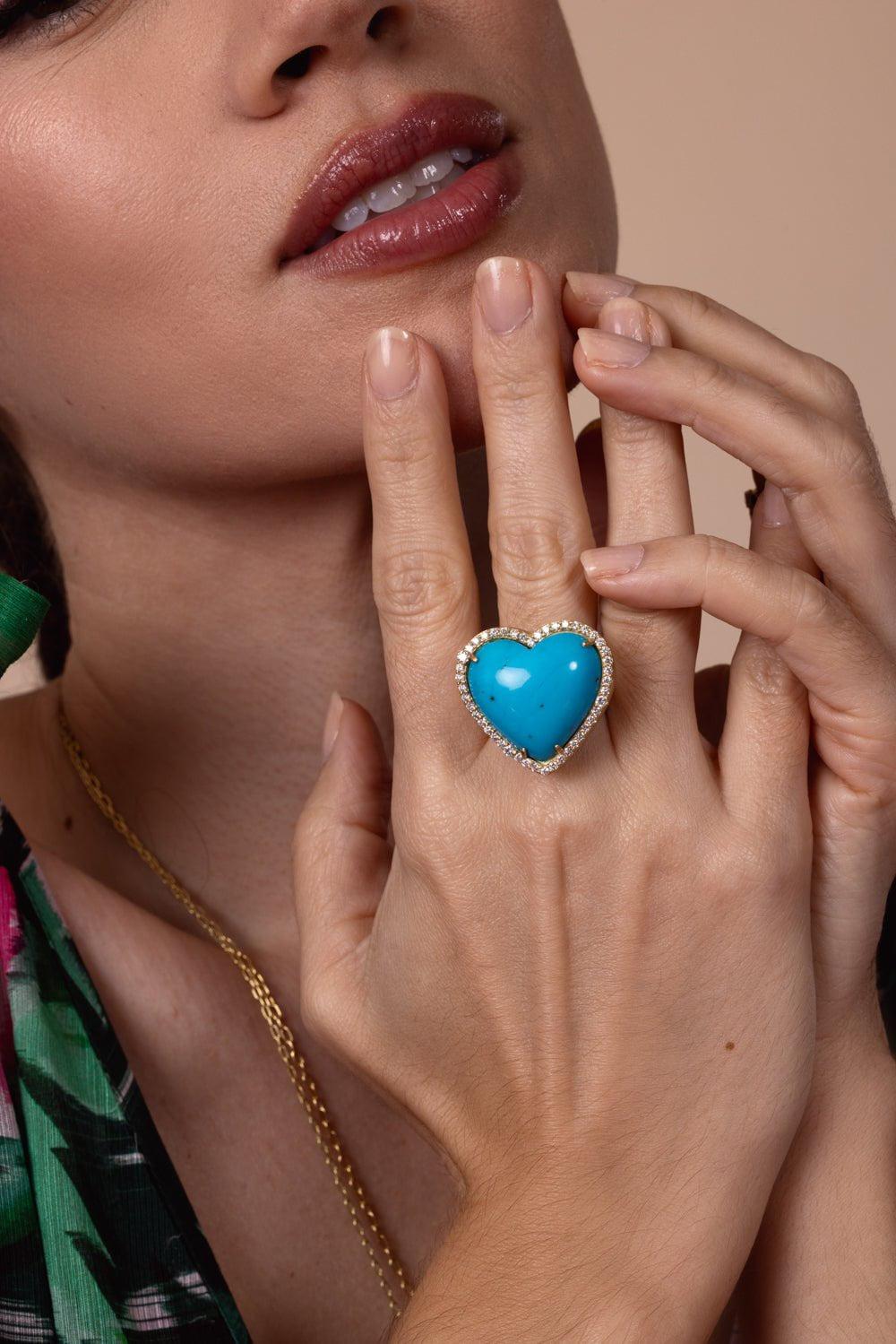 TANYA FARAH-Turquoise Heart Diamond Ring-YELLOW GOLD