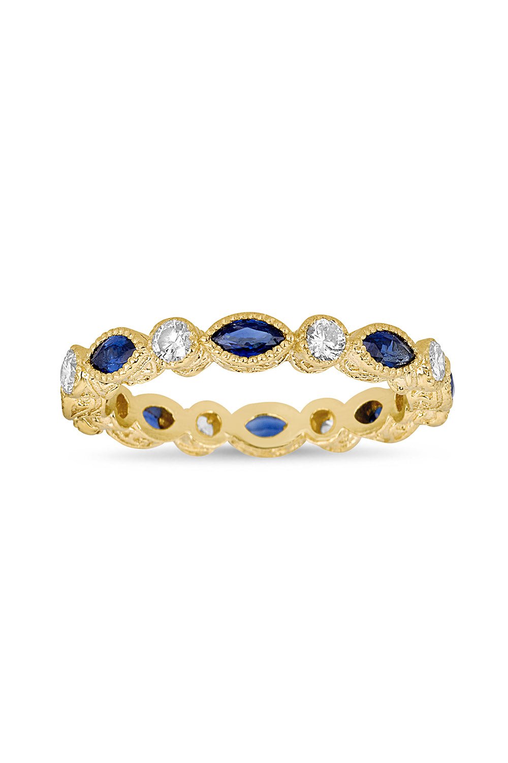 TANYA FARAH-Modenr Etruscan Blue Sapphire Marquise Diamond Stack Ring-YELLOW GOLD