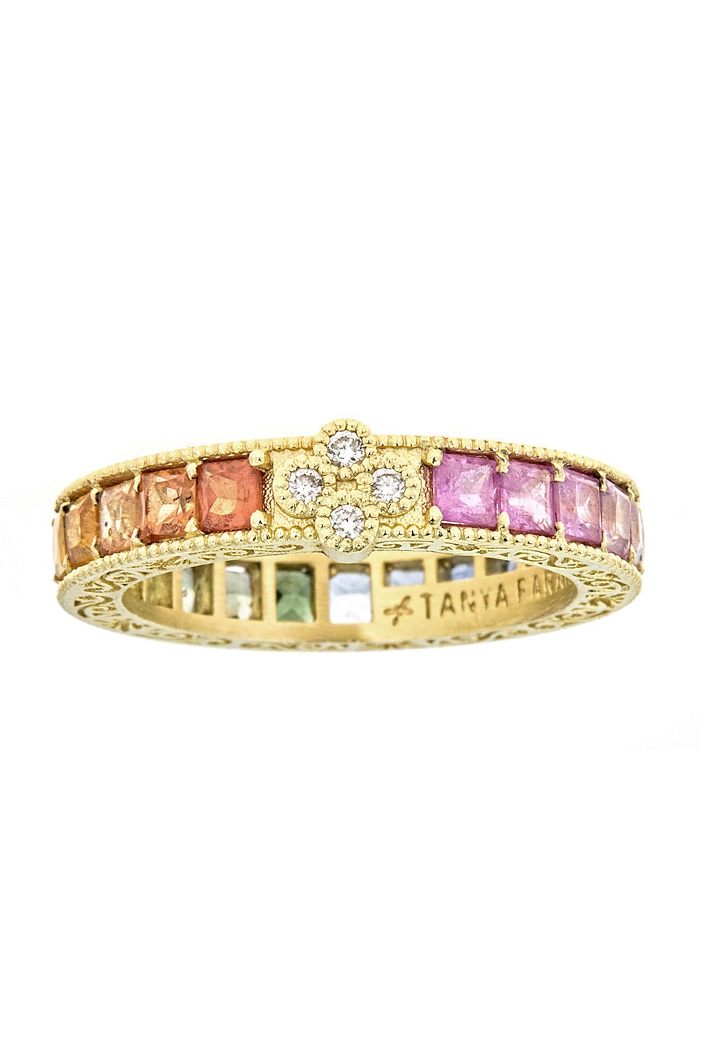 TANYA FARAH-Modern Etruscan Rainbow Sapphire Diamond Cluster Stack Ring-YELLOW GOLD