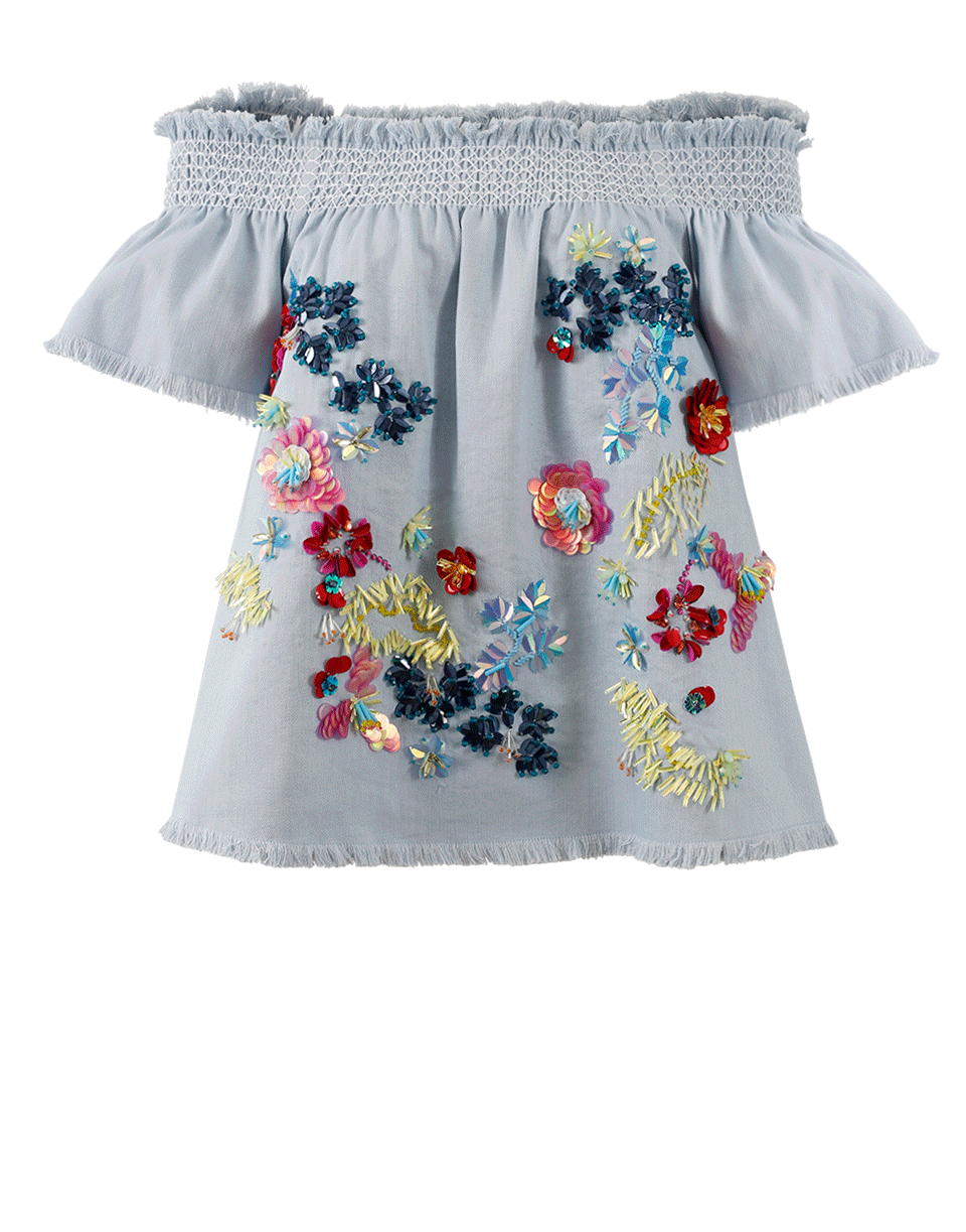 TANYA TAYLOR-Embellished Denim Carmen Top-