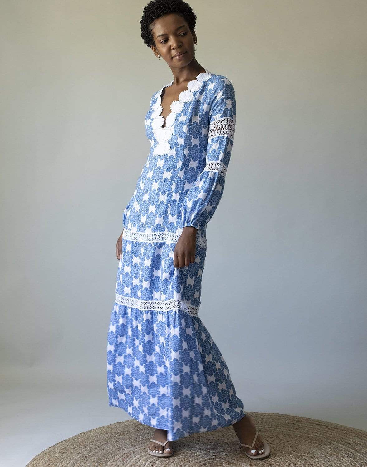 TEMPTATION POSITANO-Bella Arabesco Blu Printed Embroidered Maxi Dress-