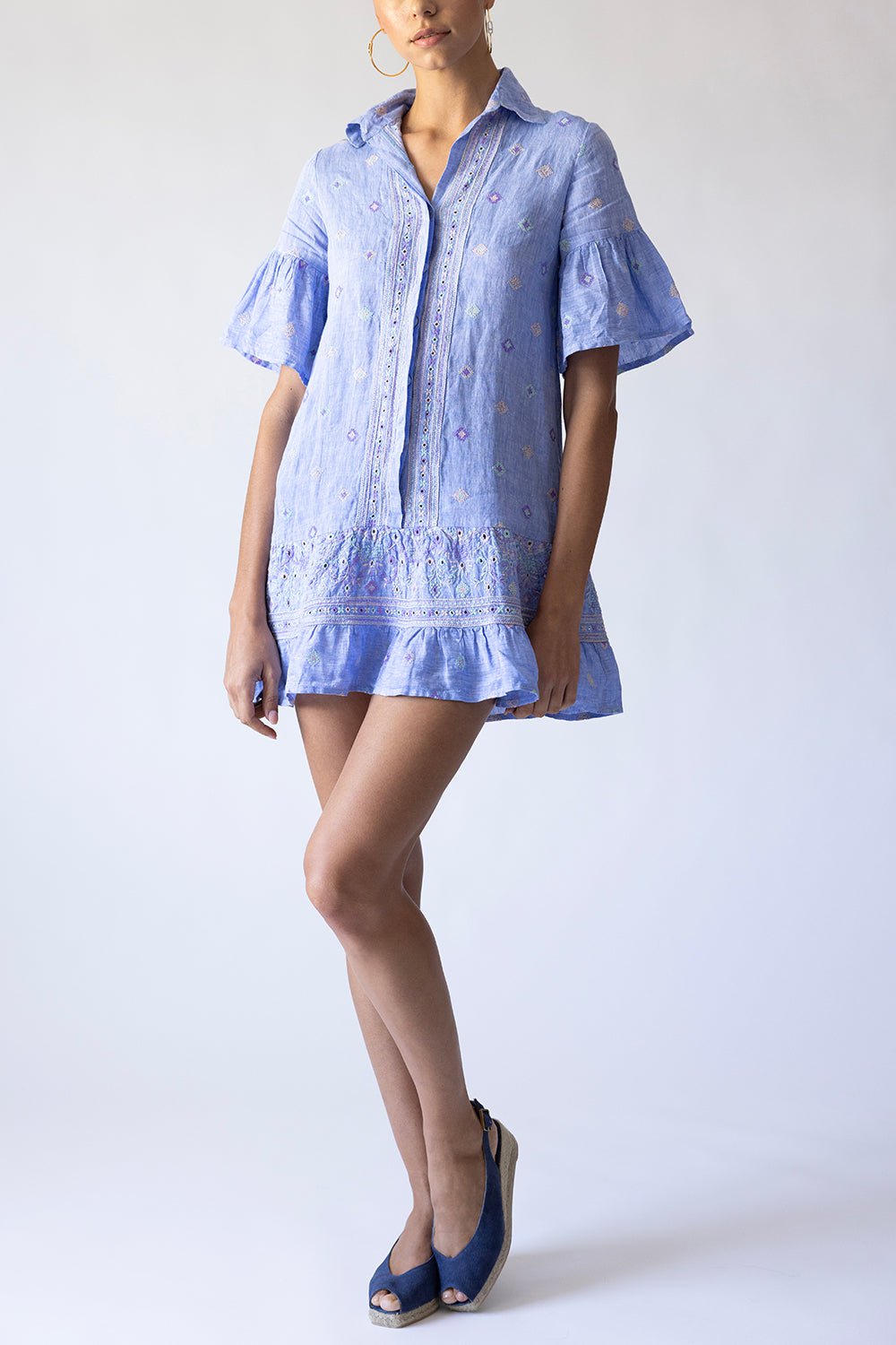 TEMPTATION POSITANO-Embroidered Button Shirt Dress-
