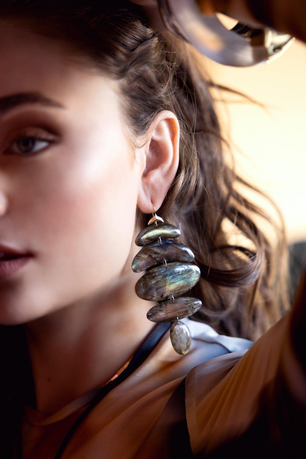 TEN THOUSAND THINGS-Large Labradorite Totem II Earrings-YELLOW GOLD