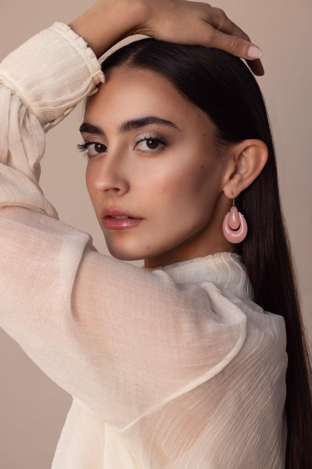 TEN THOUSAND THINGS-Large O'Keeffe Pink Opal Earrings-YELLOW GOLD