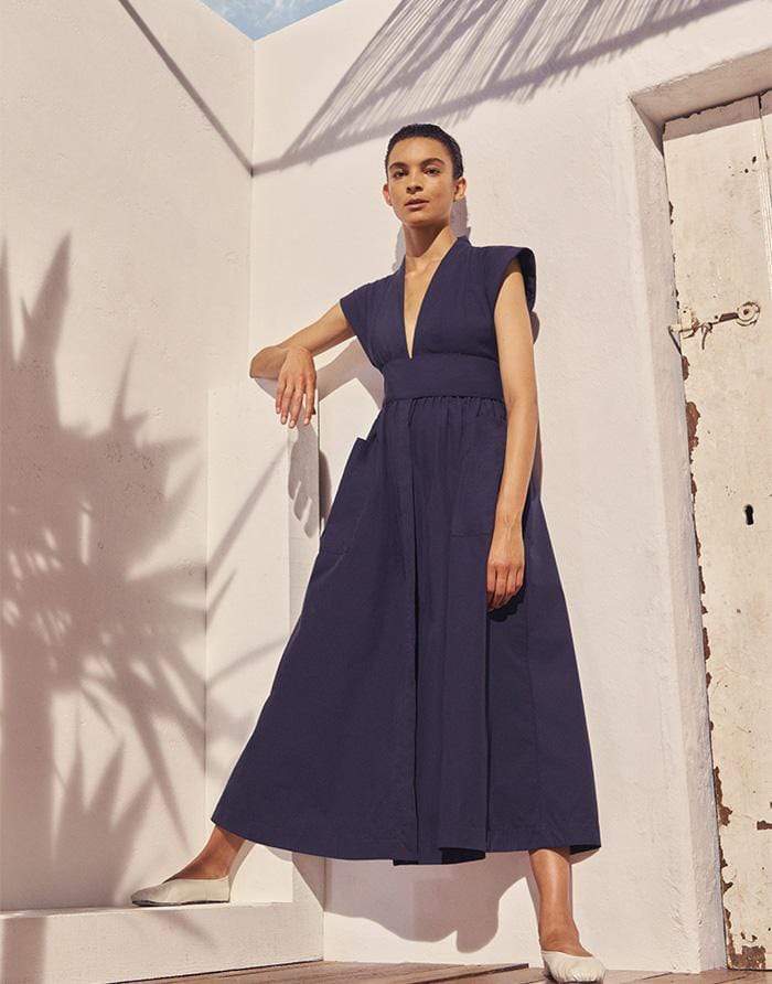 THREE GRACES LONDON-Navy Clarissa Cotton Poplin Classic Midi Dress-