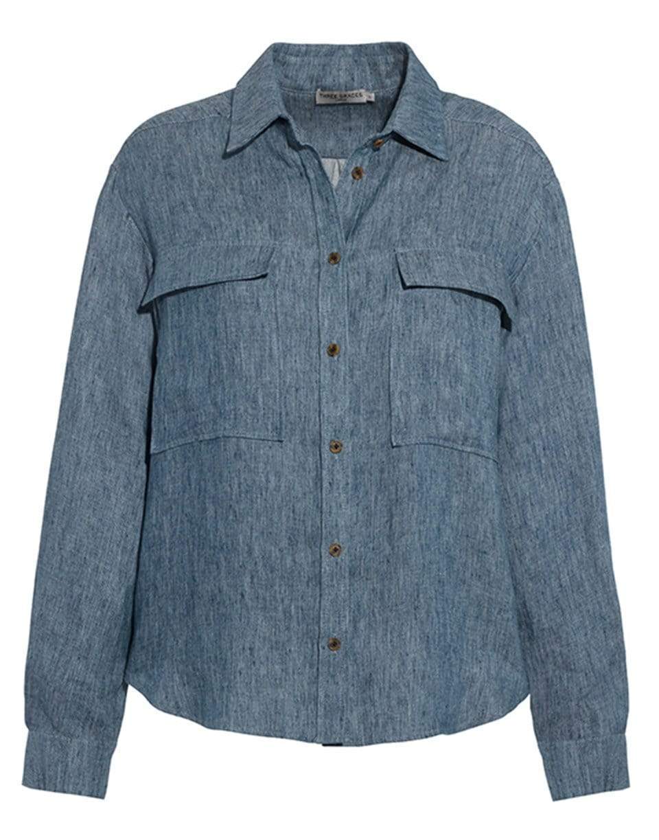 THREE GRACES LONDON-Denim Blue Willow Linen Button Down Shirt-BLUE