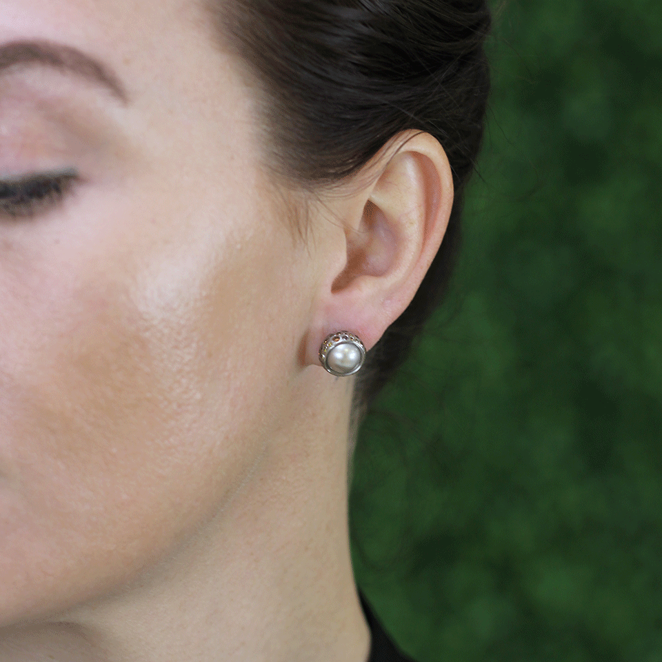 TODD REED-Tahitian Pearl And Diamond Stud Earrings-SILVER
