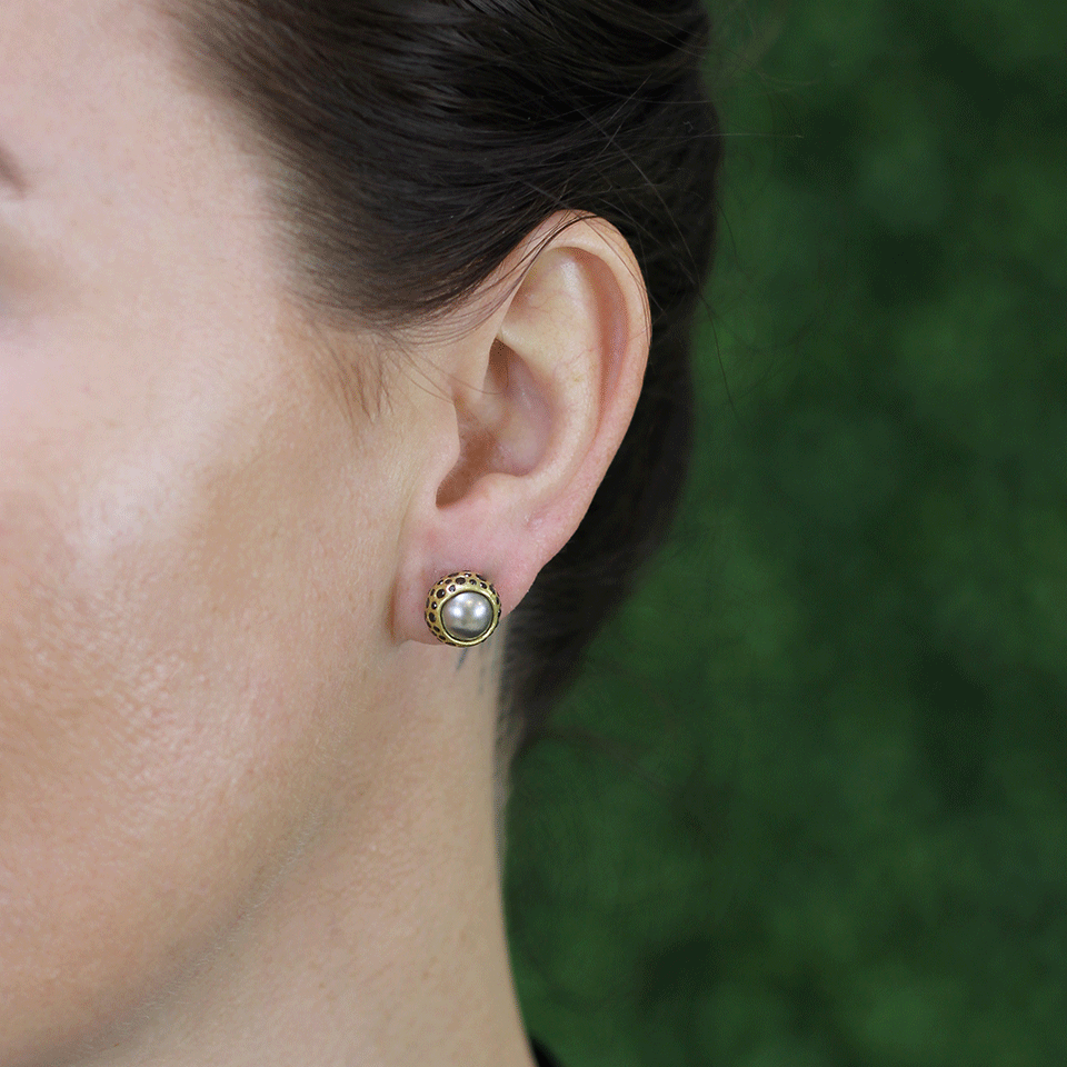 TODD REED-Tahitian Pearl And Black Diamond Stud Earrings-YELLOW GOLD
