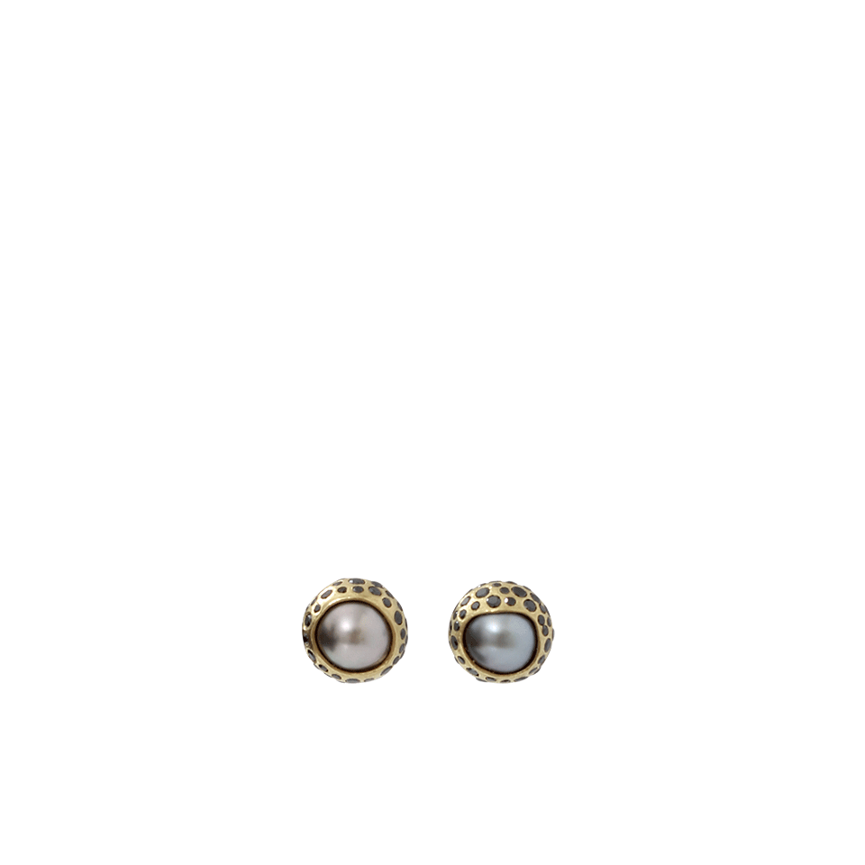 TODD REED-Tahitian Pearl And Black Diamond Stud Earrings-YELLOW GOLD