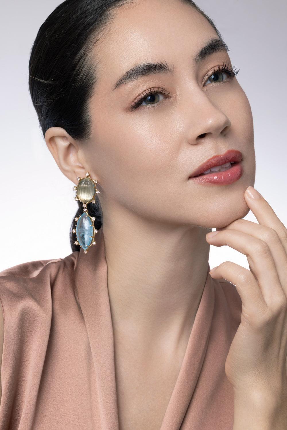 Green Amethyst Aquamarine Garnet Drop Earrings-YELLOW GOLD-JEWELRYFINE JEWELEARRING-TONY DUQUETTE