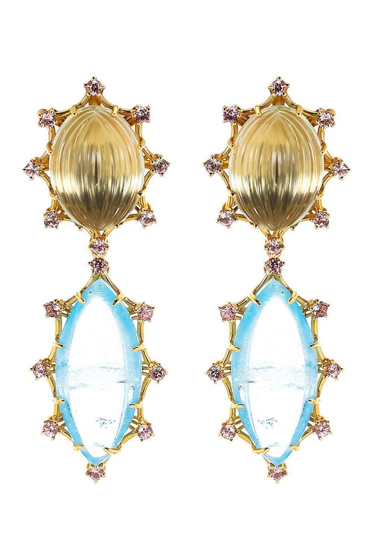 Green Amethyst Aquamarine Garnet Drop Earrings-YELLOW GOLD-JEWELRYFINE JEWELEARRING-TONY DUQUETTE