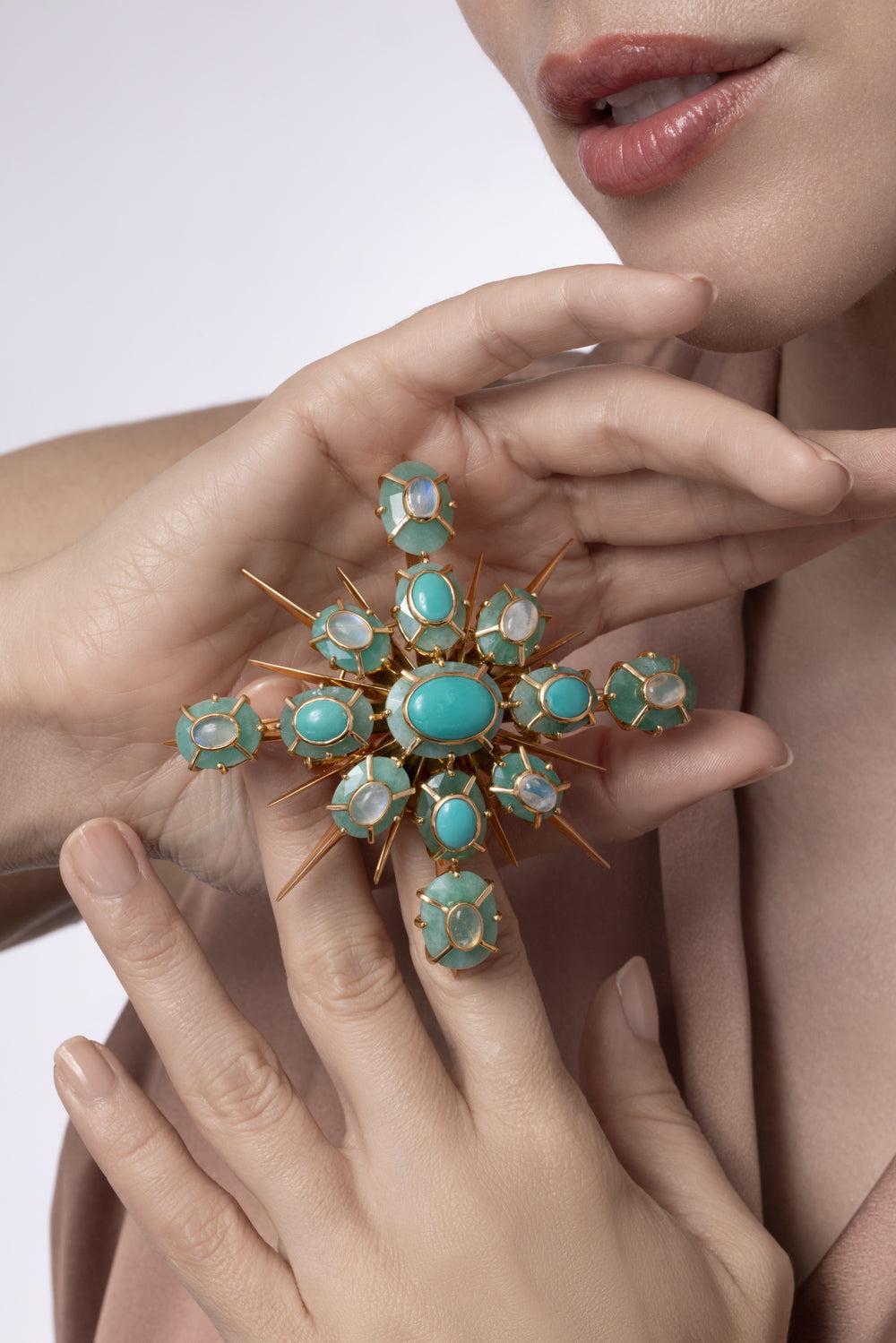 Emerald Turquoise Moonstone Brooch-YELLOW GOLD-JEWELRYFINE JEWELPIN-TONY DUQUETTE
