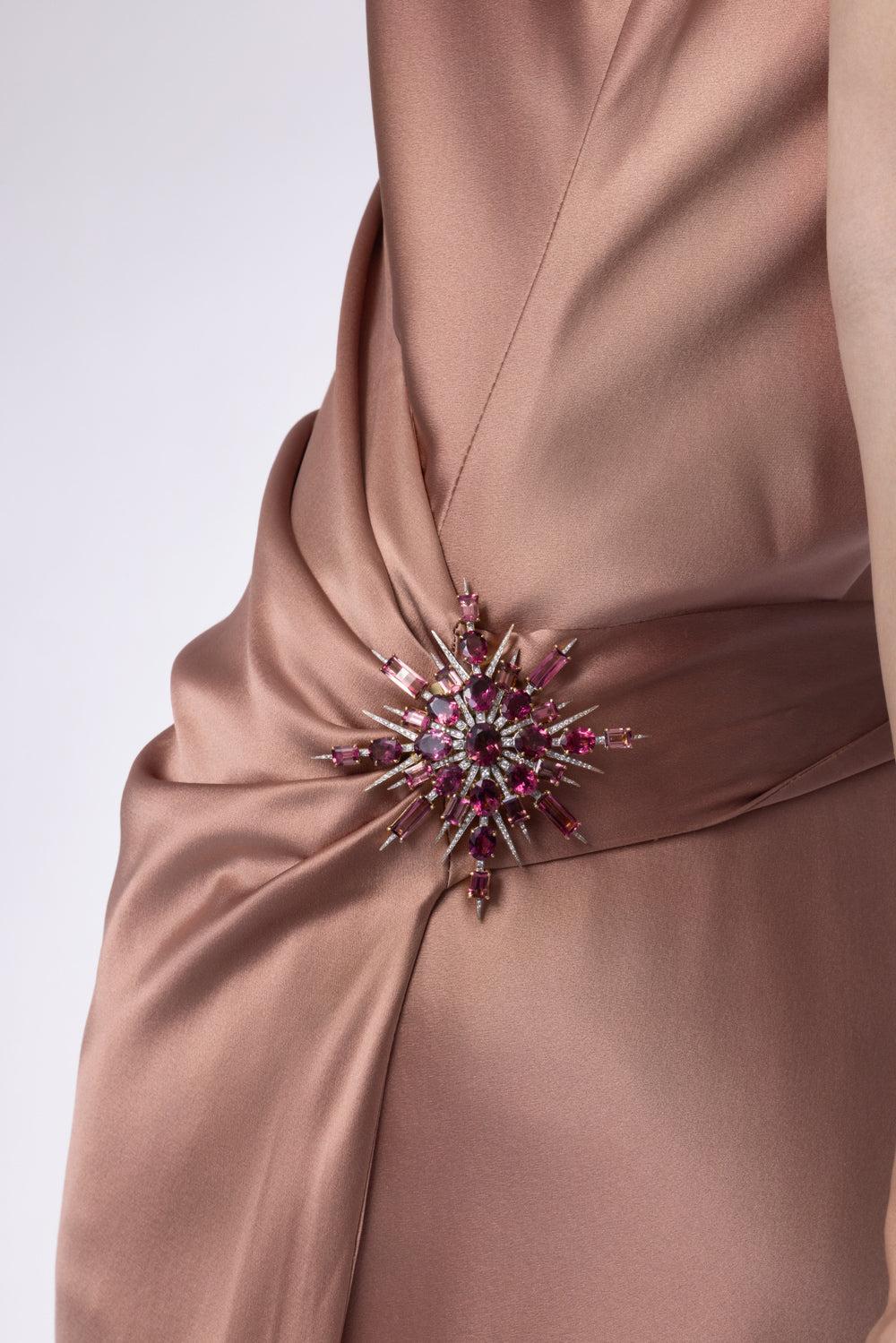 Pink Tourmaline Diamond Brooch-YELLOW GOLD-JEWELRYFINE JEWELPIN-TONY DUQUETTE