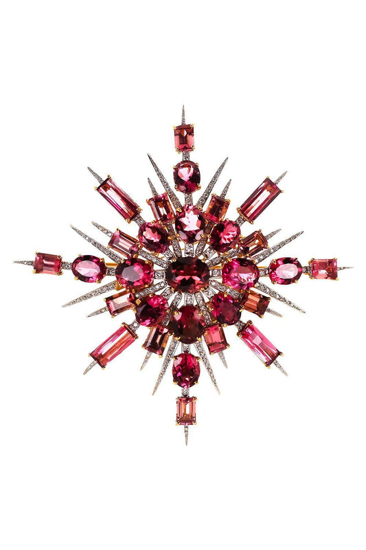 Pink Tourmaline Diamond Brooch-YELLOW GOLD-JEWELRYFINE JEWELPIN-TONY DUQUETTE