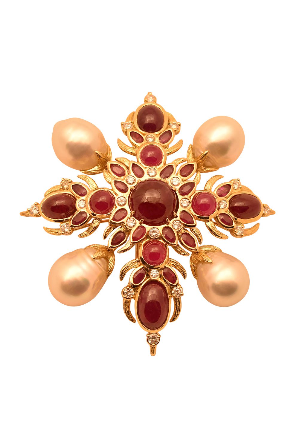 TONY DUQUETTE-Ruby Pearl Diamond Cross Pin Brooch-YELLOW GOLD
