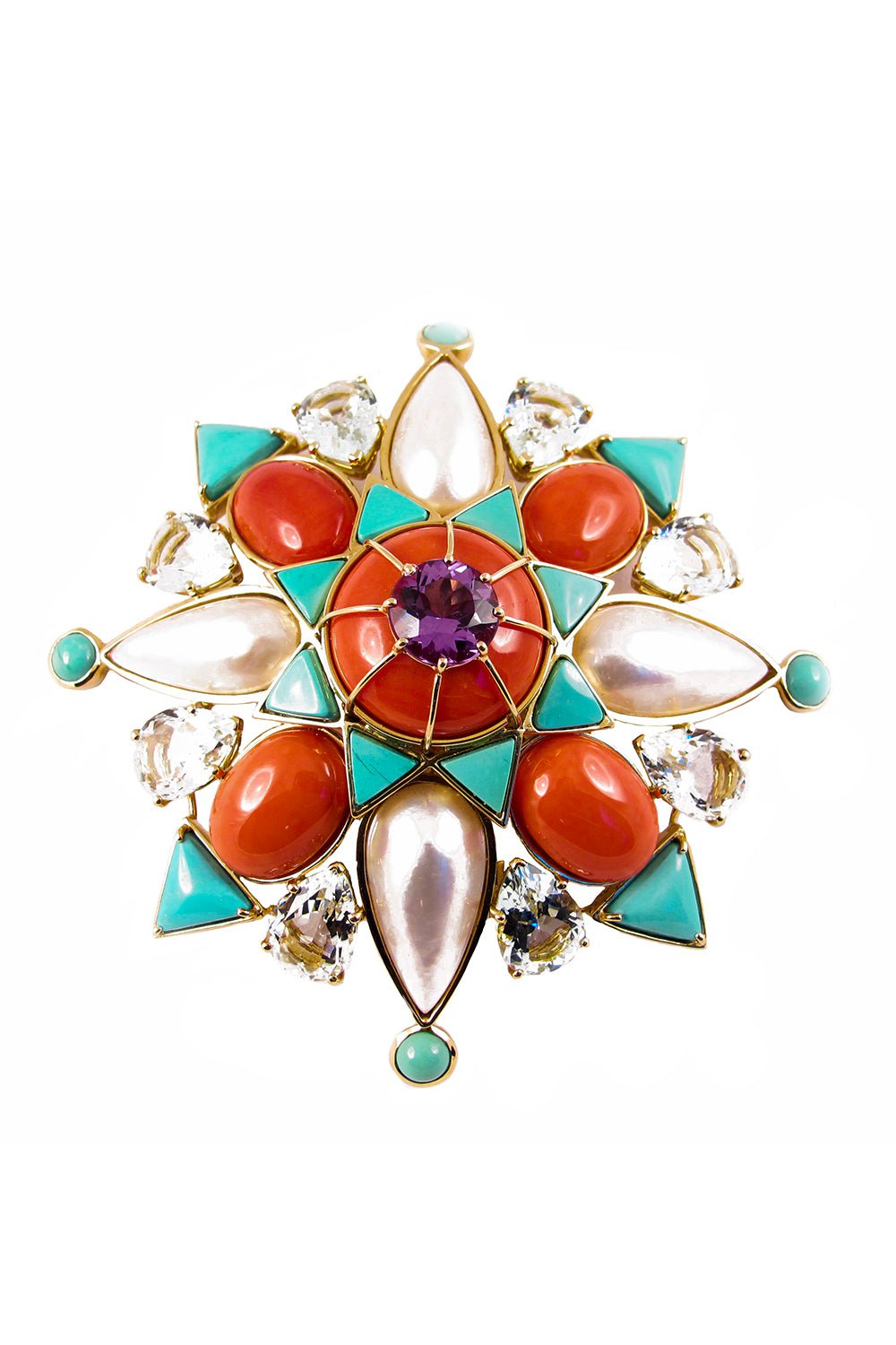TONY DUQUETTE-Coral Turquoise Brooch-YELLOW GOLD