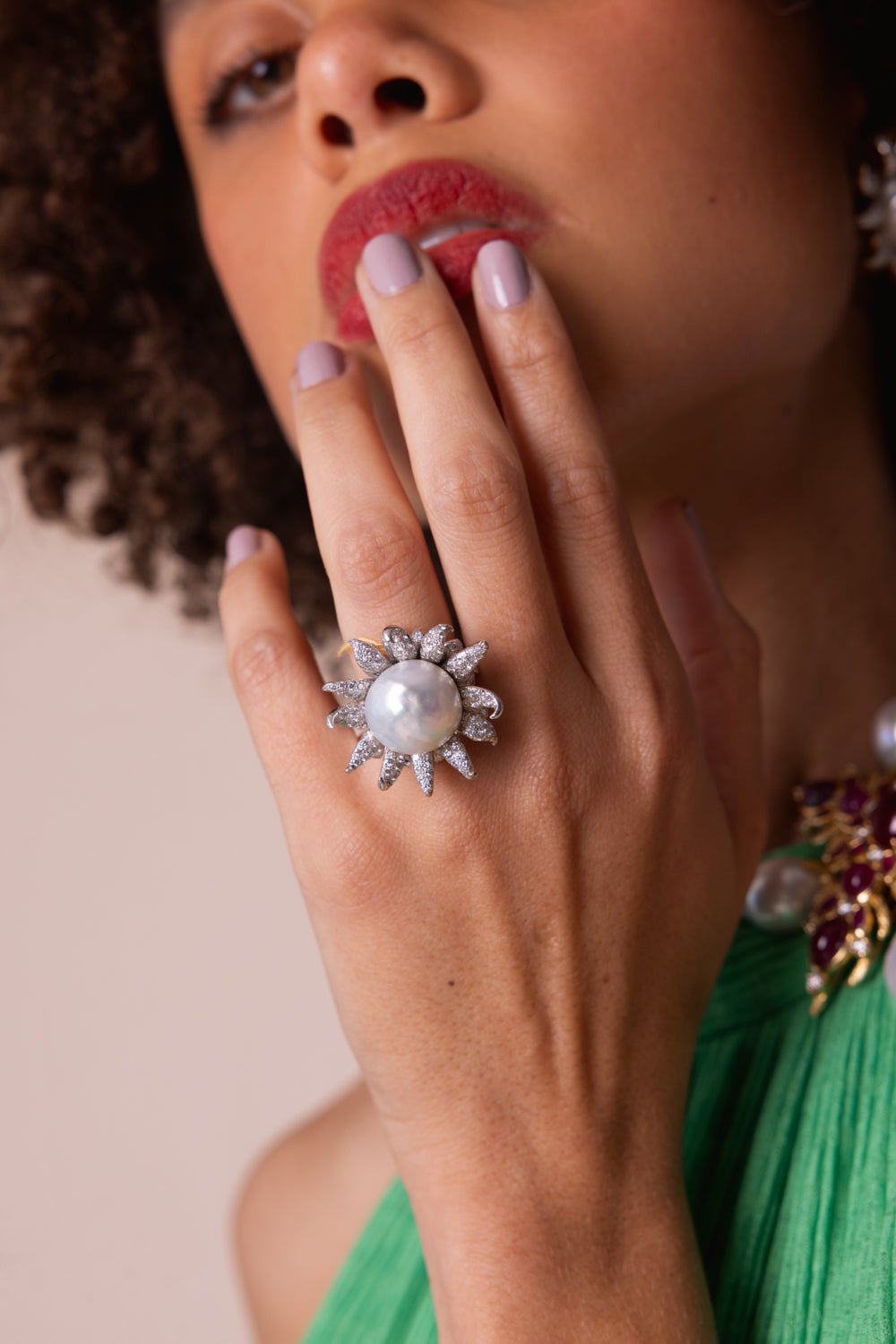 TONY DUQUETTE-Pearl Diamond Blossom Ring-WHITE GOLD